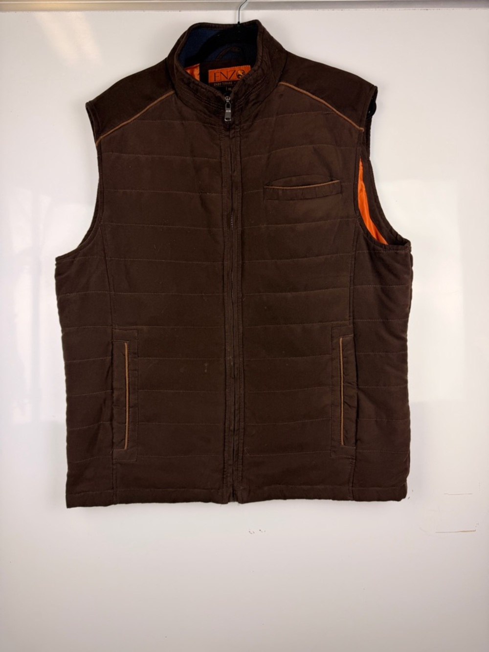 Enzo Tovare. Italy Men’s Dark Brown Quilted Zip Vest Jacket with Orange Lining
